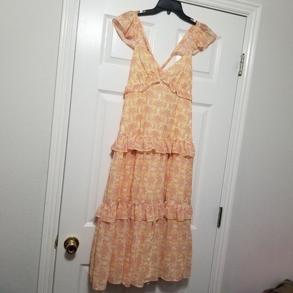love colette Dresses & Skirts - Love Colette - Maxi Tiered, Ruffle, Coral/Yellow Floral Print Flowy Dress - S